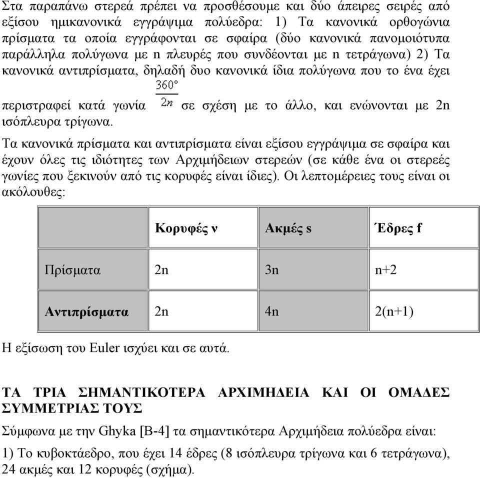 σε σχέση µε το άλλο, και ενώνονται µε 2n Τα κανονικά πρίσµατα και αντιπρίσµατα είναι εξίσου εγγράψιµα σε σφαίρα και έχουν όλες τις ιδιότητες των Αρχιµήδειων στερεών (σε κάθε ένα οι στερεές γωνίες που