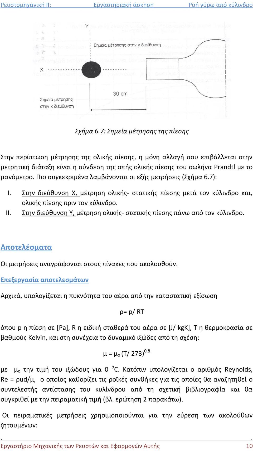 Πιο συγκεκριμένα λαμβάνονται οι εξής μετρήσεις (7): I. Στην διεύθυνση Χ, μέτρηση ολικής- στατικής πίεσης μετά τον κύλινδρο και, ολικής πίεσης πριν τον κύλινδρο. II.