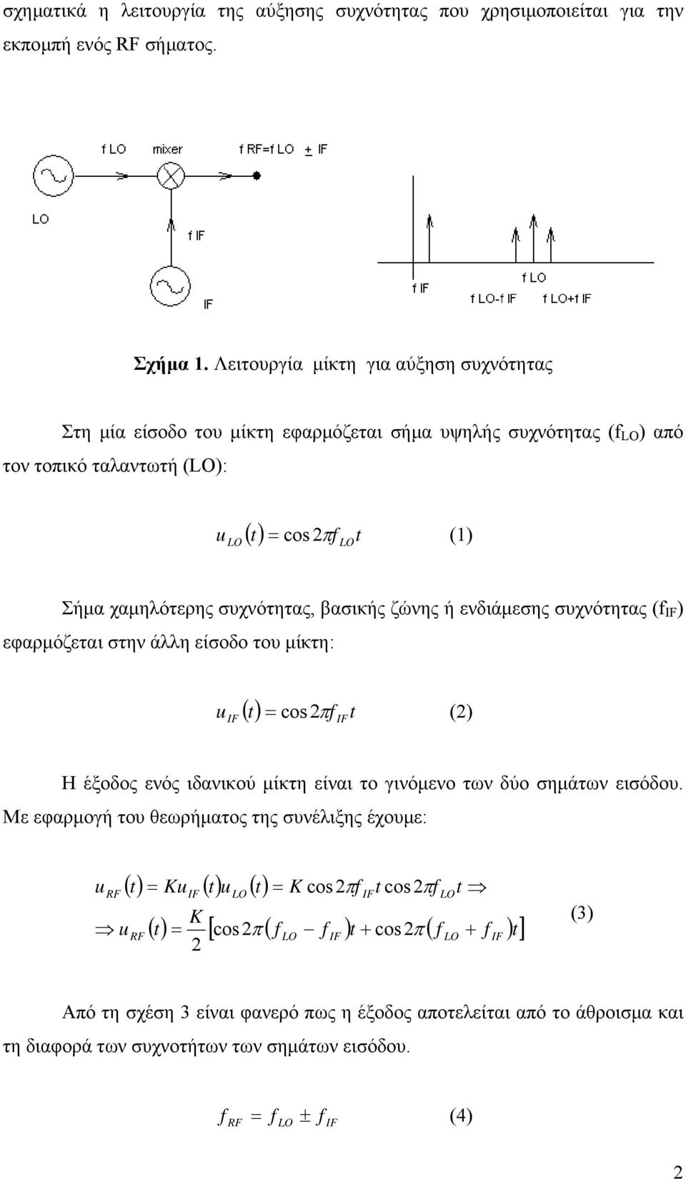βασικής ζώνης ή ενδιάµεσης συχνότητας (f ) εφαρµόζεται στην άλλη είσοδο του µίκτη: u () t cosπf t () Η έξοδος ενός ιδανικού µίκτη είναι το γινόµενο των δύο σηµάτων εισόδου.