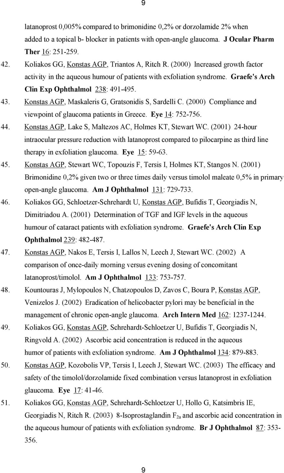 Konstas AGP, Maskaleris G, Gratsonidis S, Sardelli C. (2000) Compliance and viewpoint of glaucoma patients in Greece. Eye 14: 752-756. 44. Konstas AGP, Lake S, Maltezos AC, Holmes KT, Stewart WC.