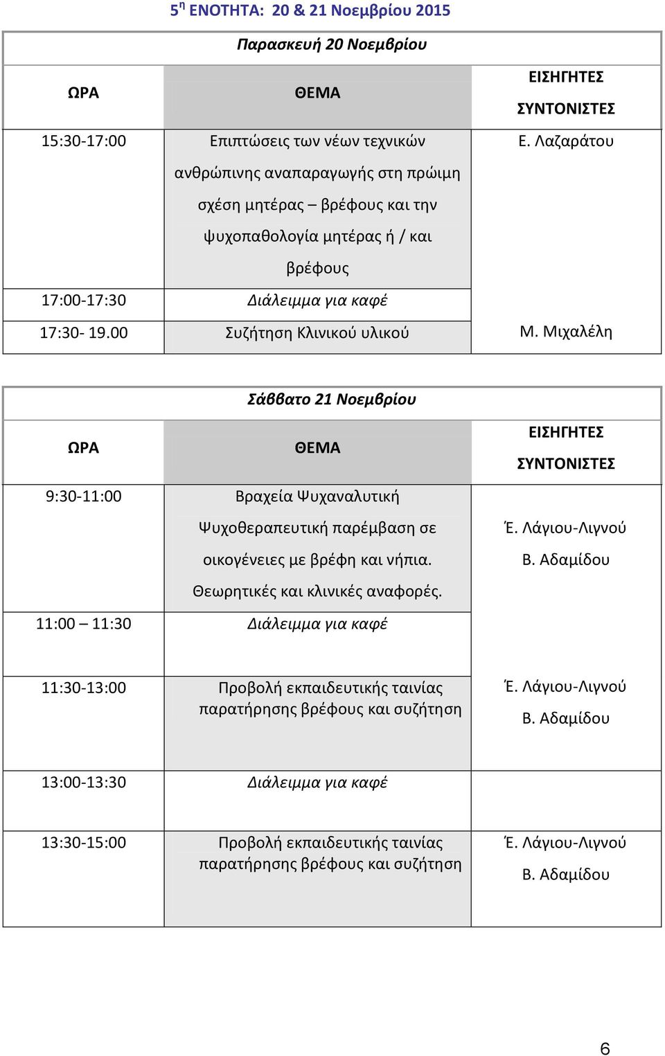 Λαζαράτου Σάββατο 21 Νοεμβρίου 9:30-11:00 Βραχεία Ψυχαναλυτική Ψυχοθεραπευτική παρέμβαση σε οικογένειες με βρέφη και νήπια. Θεωρητικές και κλινικές αναφορές. Έ.