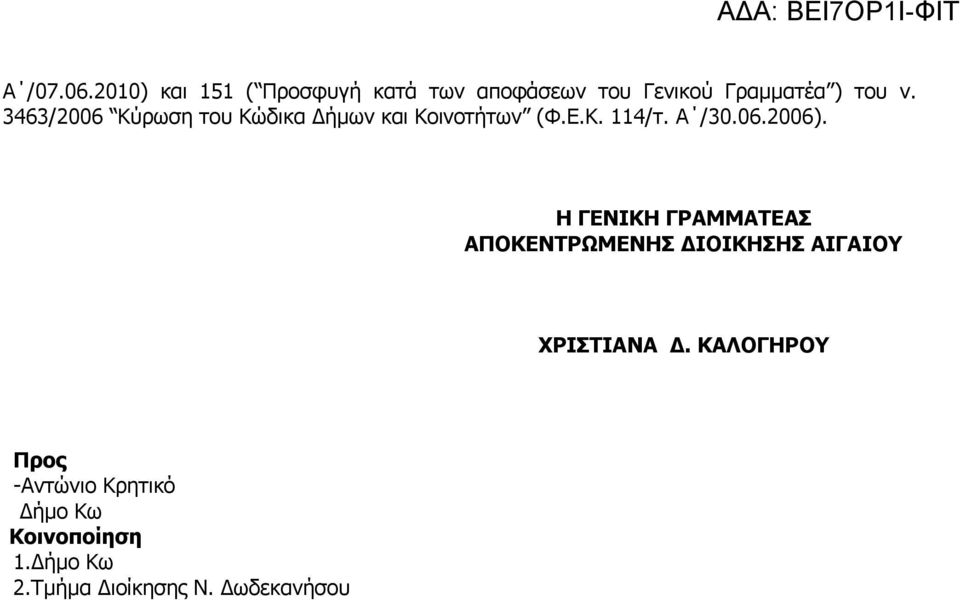 3463/2006 Κύρωση του Κώδικα Δήμων και Κοινοτήτων (Φ.Ε.Κ. 114/τ. Α /30.06.2006).