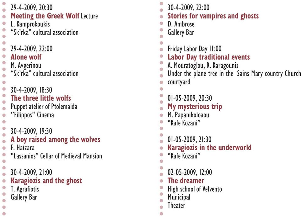 Hatzara Lassanios Cellar of Medieval Mansion 30-4-2009, 21:00 Karagiozis and the ghost T. Agrafiotis Gallery Bar 30-4-2009, 22:00 Stories for vampires and ghosts D.