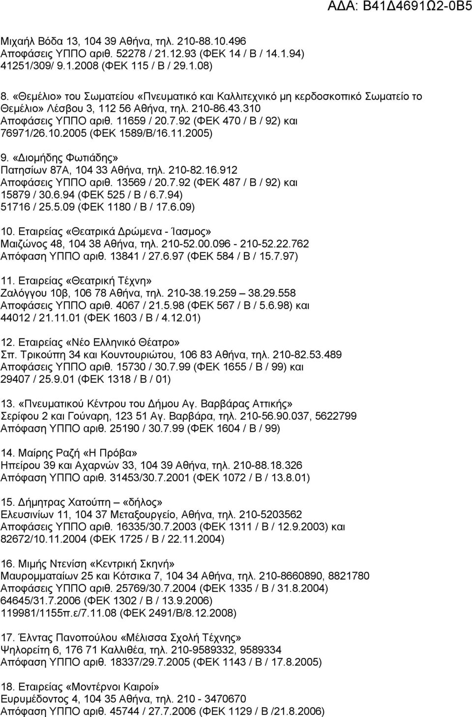 92 (ΦΕΚ 470 / Β / 92) και 76971/26.10.2005 (ΦΕΚ 1589/Β/16.11.2005) 9. «Διομήδης Φωτιάδης» Πατησίων 87Α, 104 33 Αθήνα, τηλ. 210-82.16.912 Αποφάσεις ΥΠΠΟ αριθ. 13569 / 20.7.92 (ΦΕΚ 487 / Β / 92) και 15879 / 30.