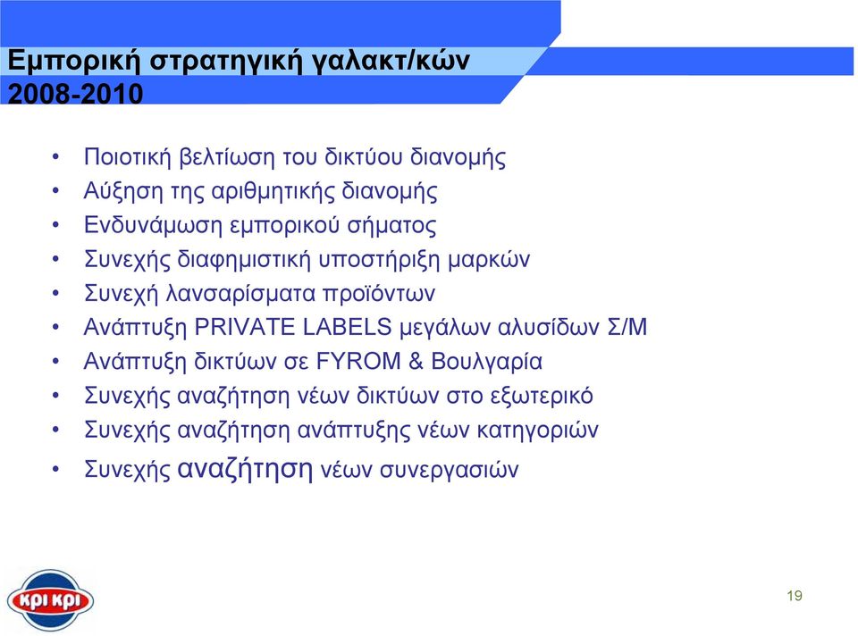 προϊόντων Ανάπτυξη PRIVATE LABELS µεγάλων αλυσίδων Σ/Μ Ανάπτυξη δικτύων σε FYROM & Βουλγαρία Συνεχής