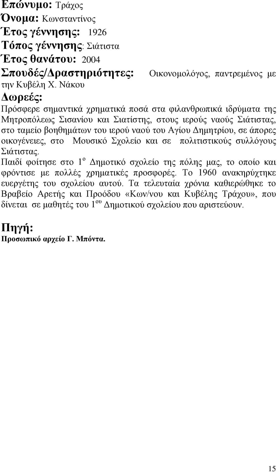 Δημητρίου, σε άπορες οικογένειες, στο Μουσικό Σχολείο και σε πολιτιστικούς συλλόγους Σιάτιστας.