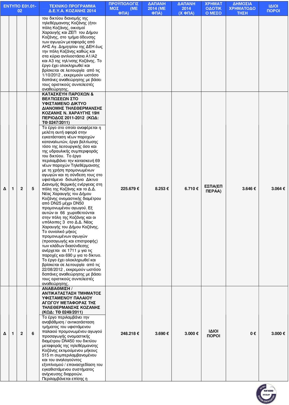 Το έργο έχει ολοκληρωθεί και βρίσκεται σε λειτουργία από τις 1/10/2012, εκκρεµούν ωστόσο δαπάνες αναθεώρησης µε βάσει τους οριστικούς συντελεστές αναθεώρησης.
