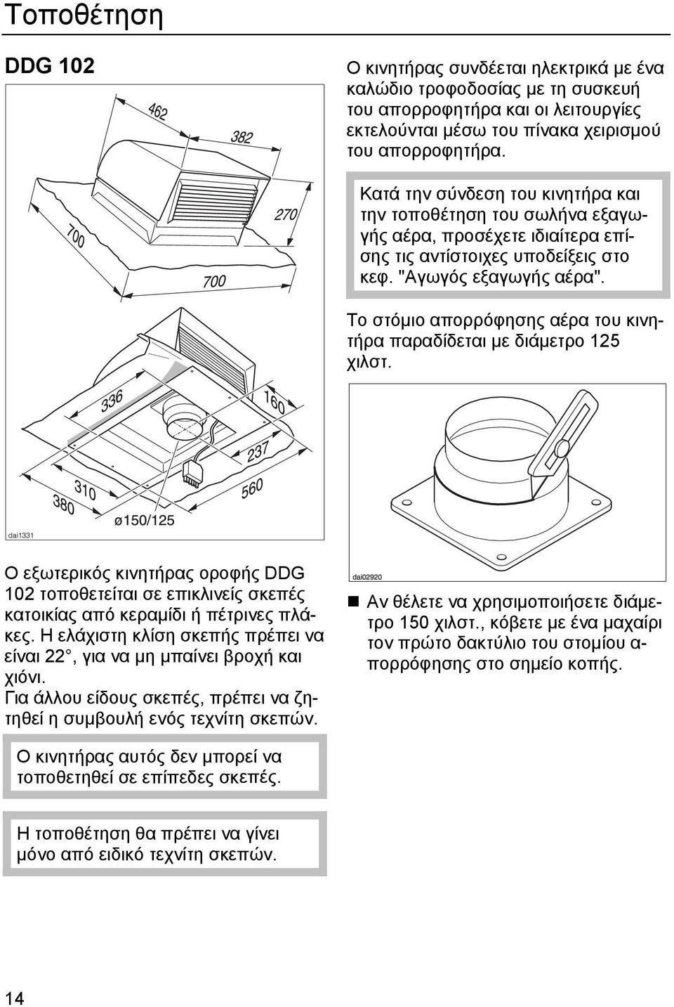 Το στόμιο απορρόφησης αέρα του κινητήρα παραδίδεται με διάμετρο 125 χιλστ. Ο εξωτερικός κινητήρας οροφής DDG 102 τοποθετείται σε επικλινείς σκεπές κατοικίας από κεραμίδι ή πέτρινες πλάκες.