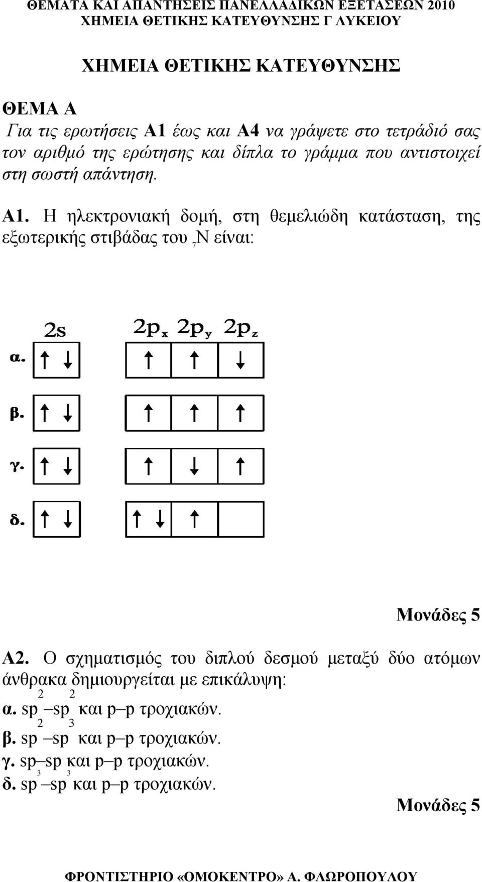 Η ηλεκτρονιακή δομή, στη θεμελιώδη κατάσταση, της εξωτερικής στιβάδας του 7 Ν είναι: Μονάδες 5 Α.