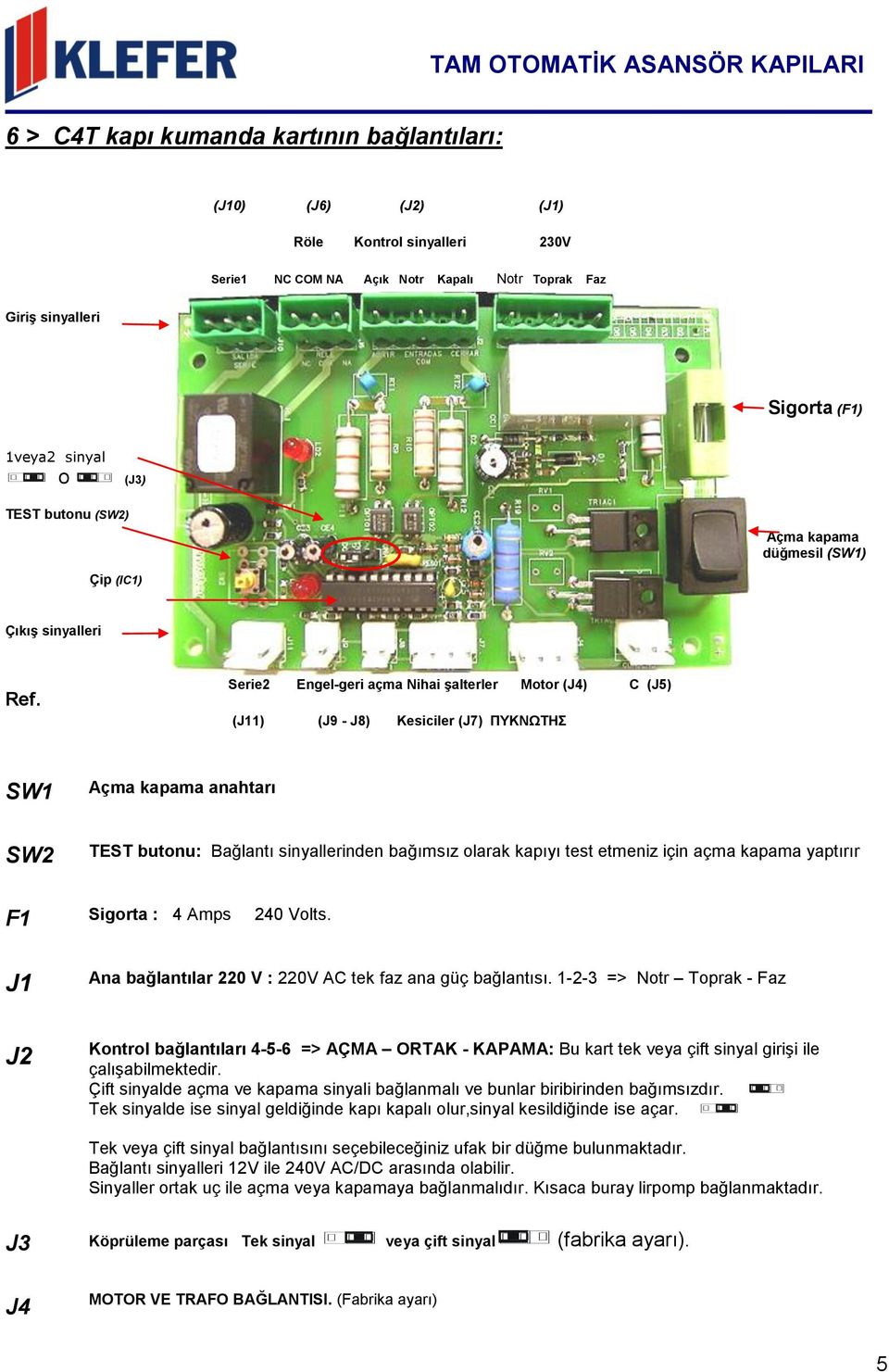 Serie2 Engel-geri açma Nihai Ģalterler Motor (J4) C (J5) (J11) (J9 - J8) Kesiciler (J7) ΠΤΚΝΩΣΗ SW1 Açma kapama anahtarı SW2 TEST butonu: Bağlantı sinyallerinden bağımsız olarak kapıyı test etmeniz