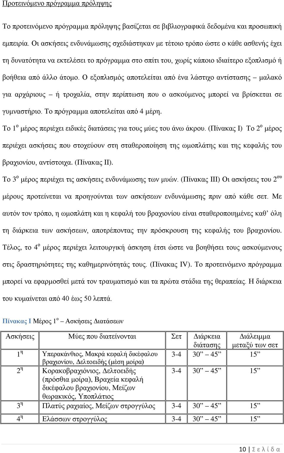 Ο εξοπλισμός αποτελείται από ένα λάστιχο αντίστασης μαλακό για αρχάριους ή τροχαλία, στην περίπτωση που ο ασκούμενος μπορεί να βρίσκεται σε γυμναστήριο. Το πρόγραμμα αποτελείται από 4 μέρη.