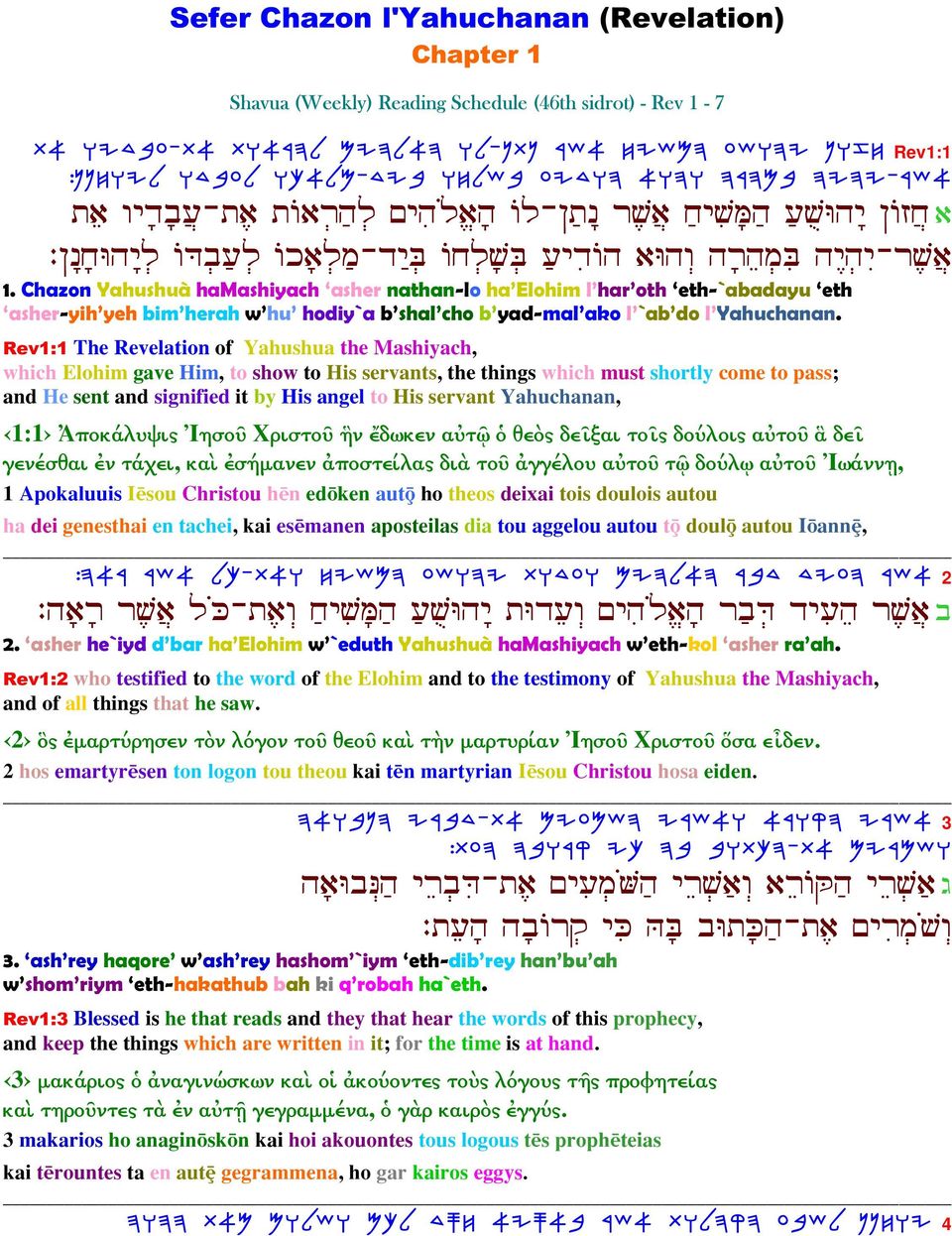 Chazon Yahushuà hamashiyach asher nathan-lo ha Elohim l har oth eth-`abadayu eth asher-yih yeh bim herah w hu hodiy`a b shal cho b yad-mal ako l `ab do l Yahuchanan.