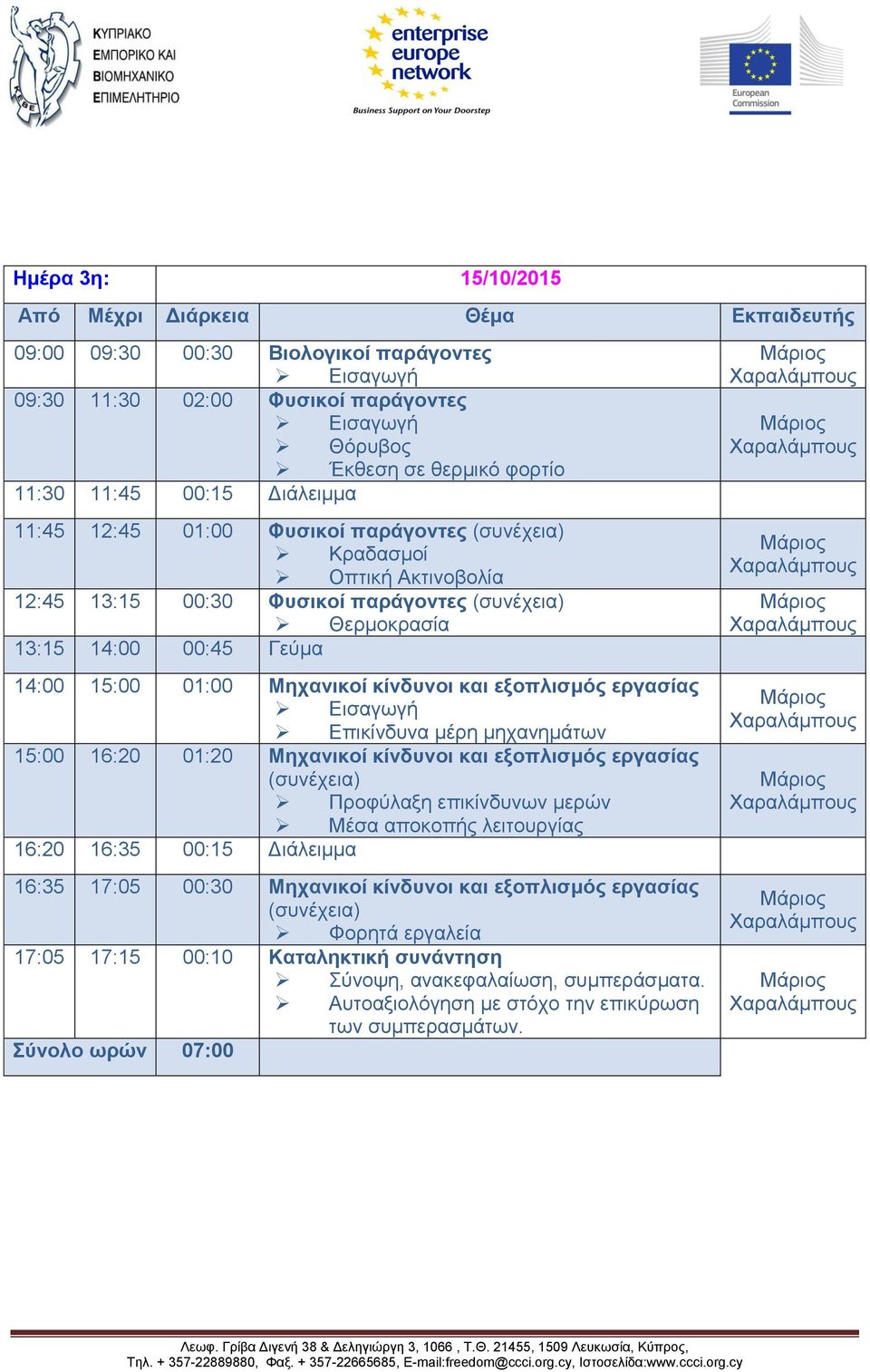 15:00 16:20 01:20 Μηχανικοί κίνδυνοι και εξοπλισμός εργασίας (συνέχεια) Προφύλαξη επικίνδυνων μερών Μέσα αποκοπής λειτουργίας 16:20 16:35 00:15 Διάλειμμα 16:35 17:05 00:30 Μηχανικοί