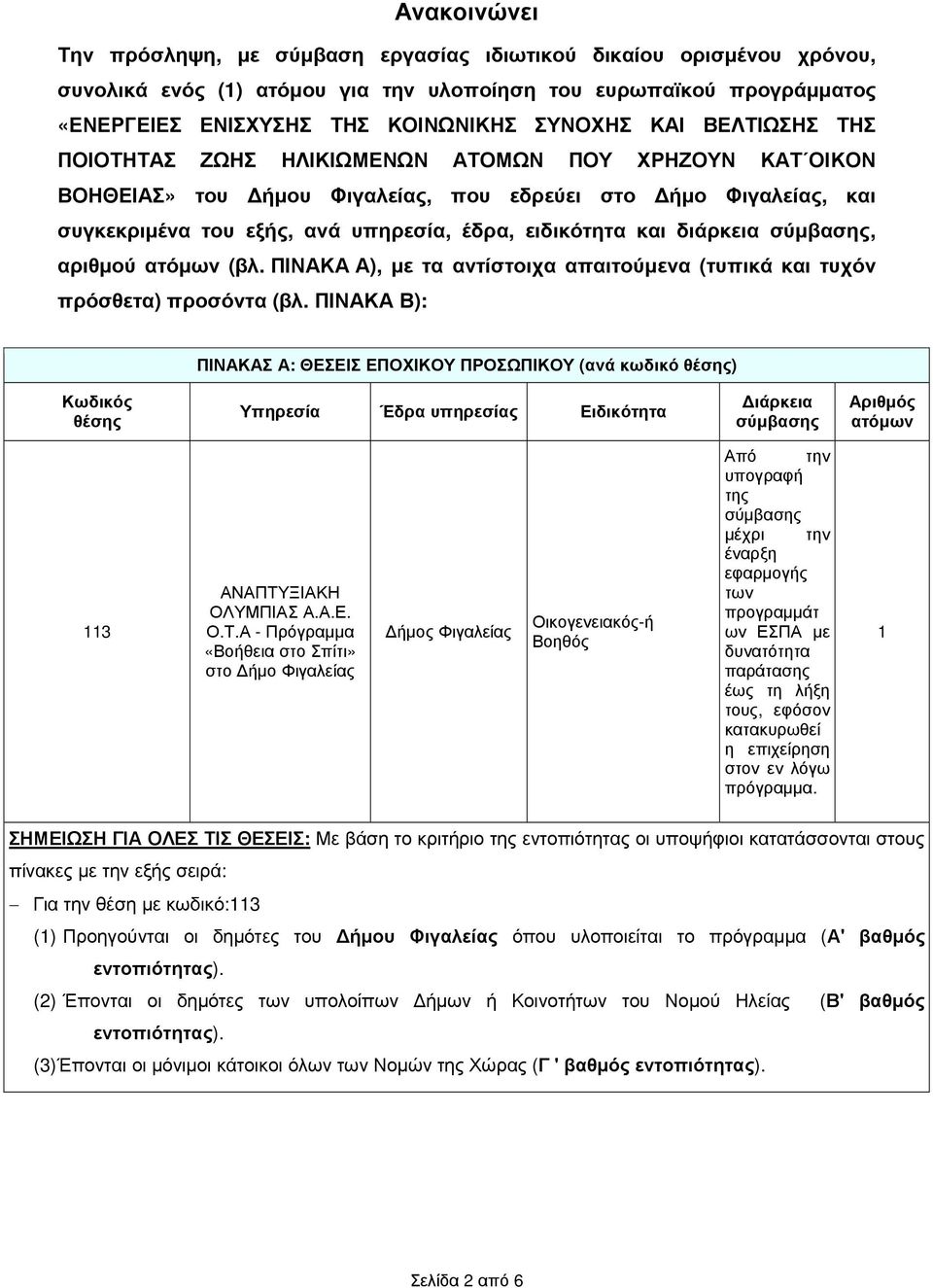 διάρκεια σύµβασης, αριθµού ατόµων (βλ. ΠΙΝΑΚΑ Α), µε τα αντίστοιχα απαιτούµενα (τυπικά και τυχόν πρόσθετα) προσόντα (βλ.