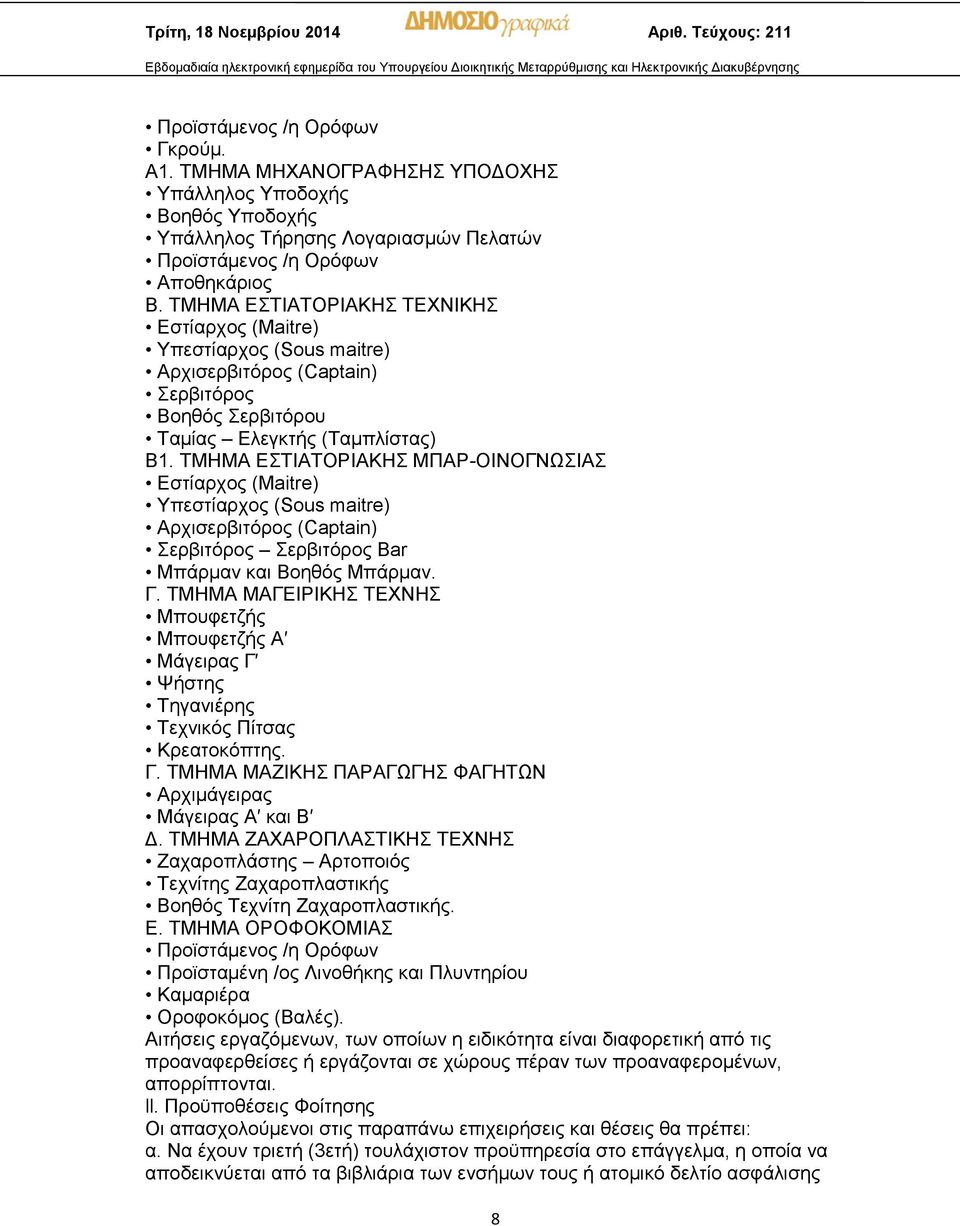 ΤΜΗΜΑ ΕΣΤΙΑΤΟΡΙΑΚΗΣ ΜΠΑΡ-ΟΙΝΟΓΝΩΣΙΑΣ Εστίαρχος (Maitre) Υπεστίαρχος (Sous maitre) Αρχισερβιτόρος (Captain) Σερβιτόρος Σερβιτόρος Bar Μπάρμαν και Βοηθός Μπάρμαν. Γ.