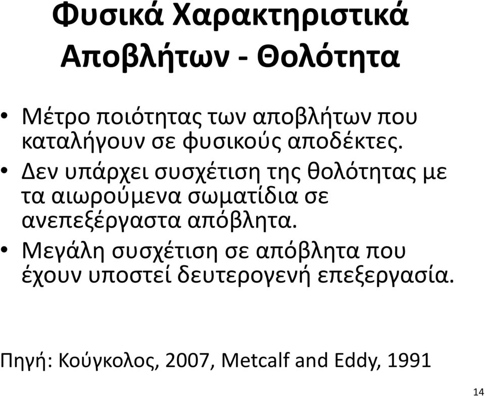 Δεν υπάρχει συσχέτιση της θολότητας με τα αιωρούμενα σωματίδια σε ανεπεξέργαστα