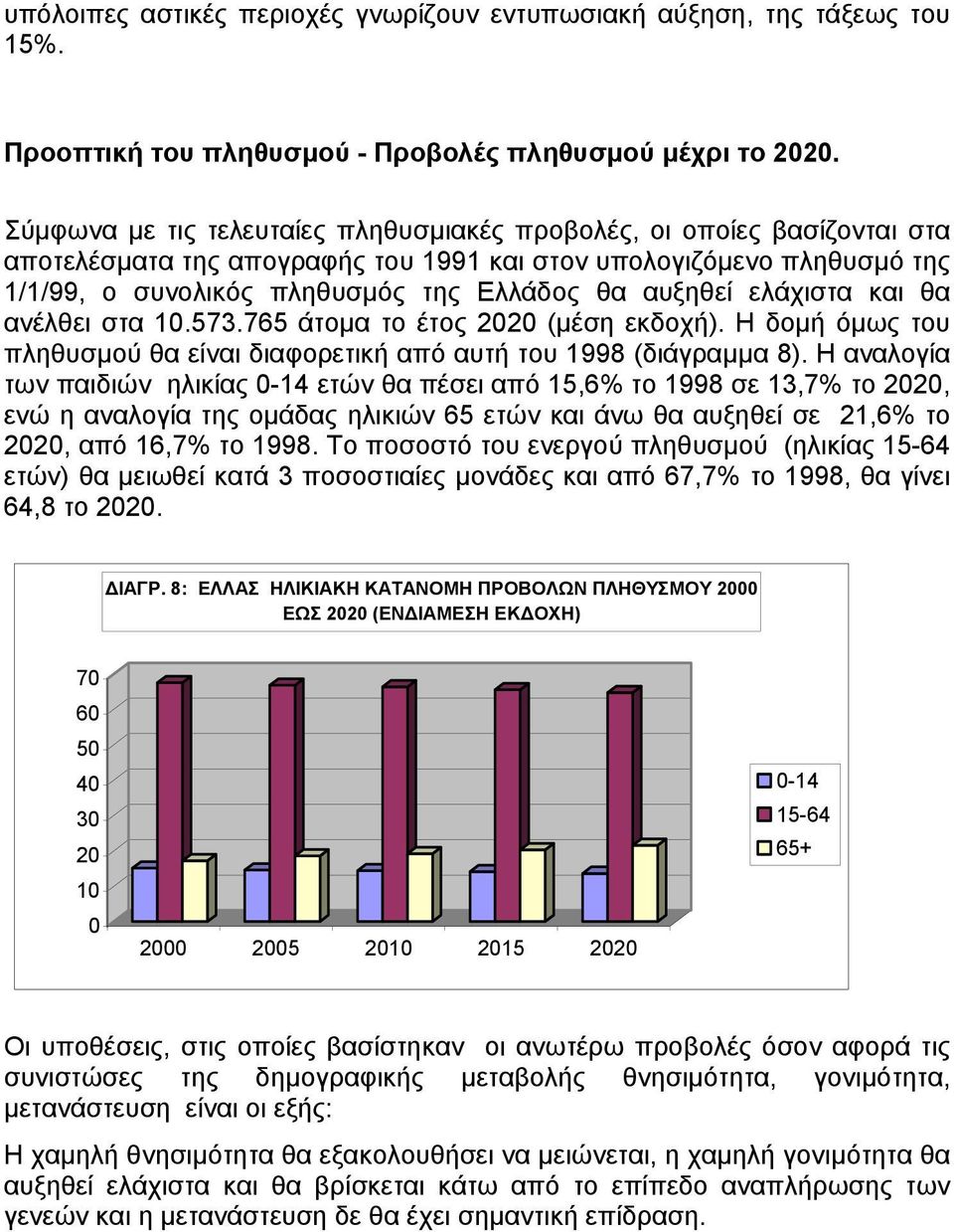 ελάχιστα και θα ανέλθει στα 10.573.765 άτοµα το έτος 2020 (µέση εκδοχή). Η δοµή όµως του πληθυσµού θα είναι διαφορετική από αυτή του 1998 (διάγραµµα 8).