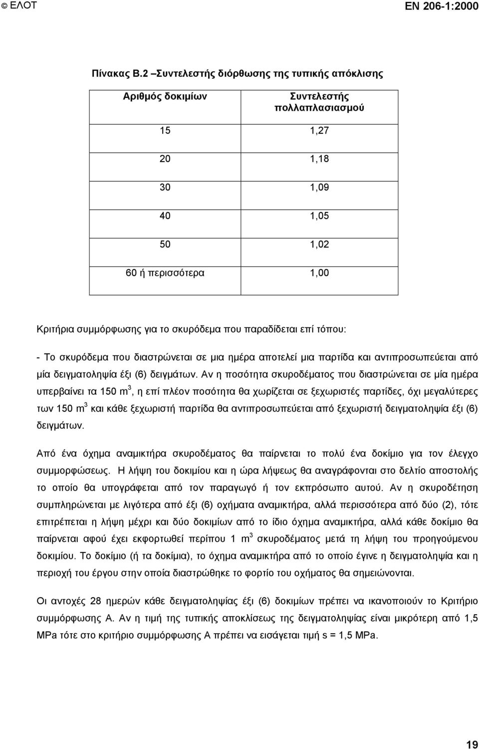 παραδίδεται επί τόπου: - Το σκυρόδεμα που διαστρώνεται σε μια ημέρα αποτελεί μια παρτίδα και αντιπροσωπεύεται από μία δειγματοληψία έξι (6) δειγμάτων.