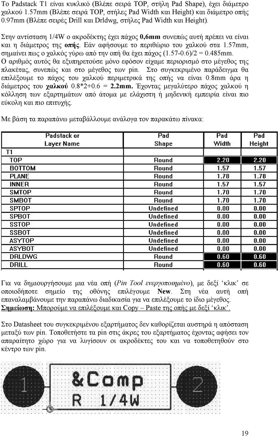 Εάν αφήσουµε το περιθώριο του χαλκού στα 1.57mm, σηµαίνει πως ο χαλκός γύρω από την οπή θα έχει πάχος (1.57-0.6)/2 = 0.485mm.