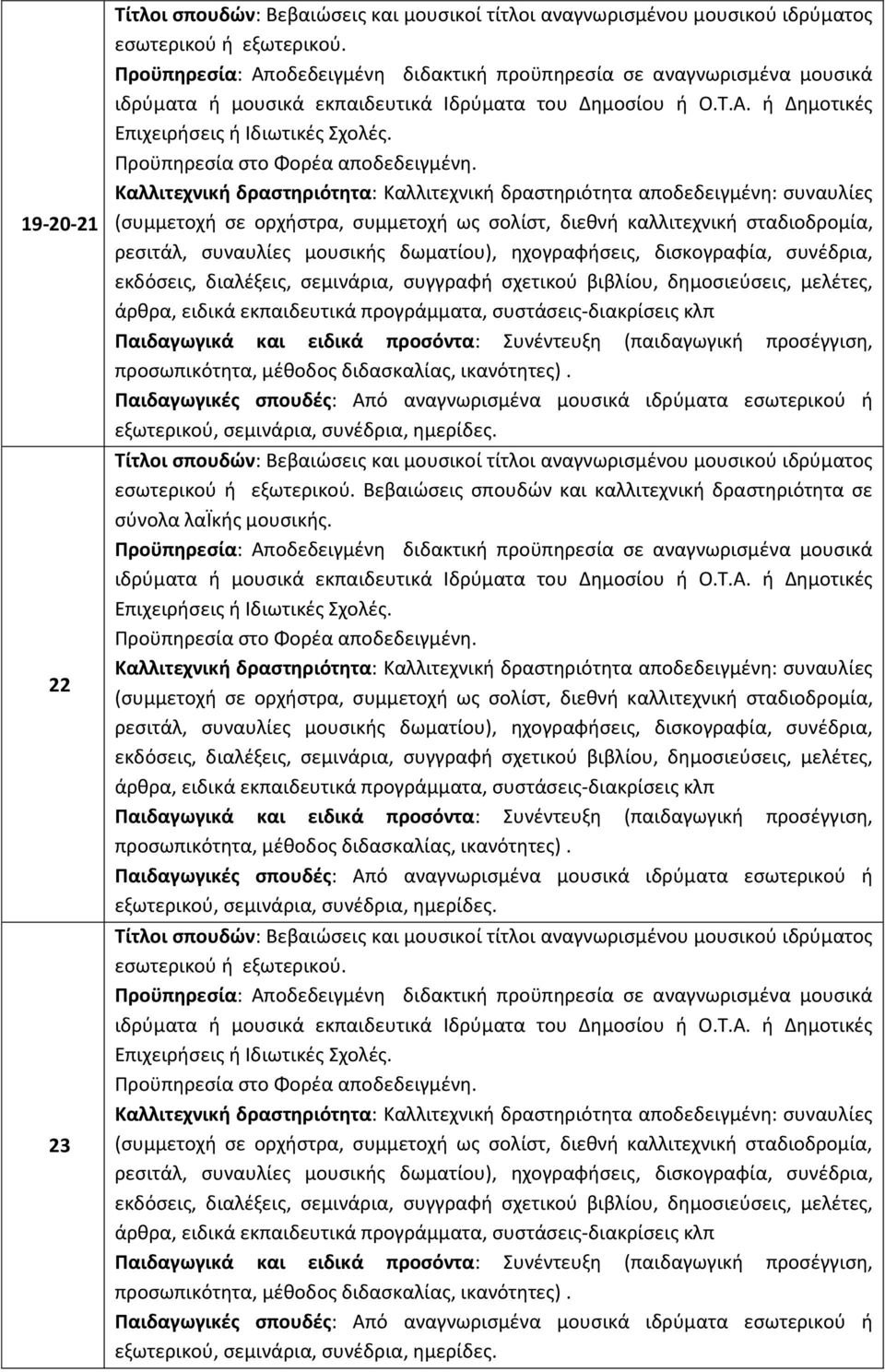 Τίτλοι σπουδών: Βεβαιώσεις και μουσικοί τίτλοι αναγνωρισμένου μουσικού ιδρύματος  Βεβαιώσεις σπουδών