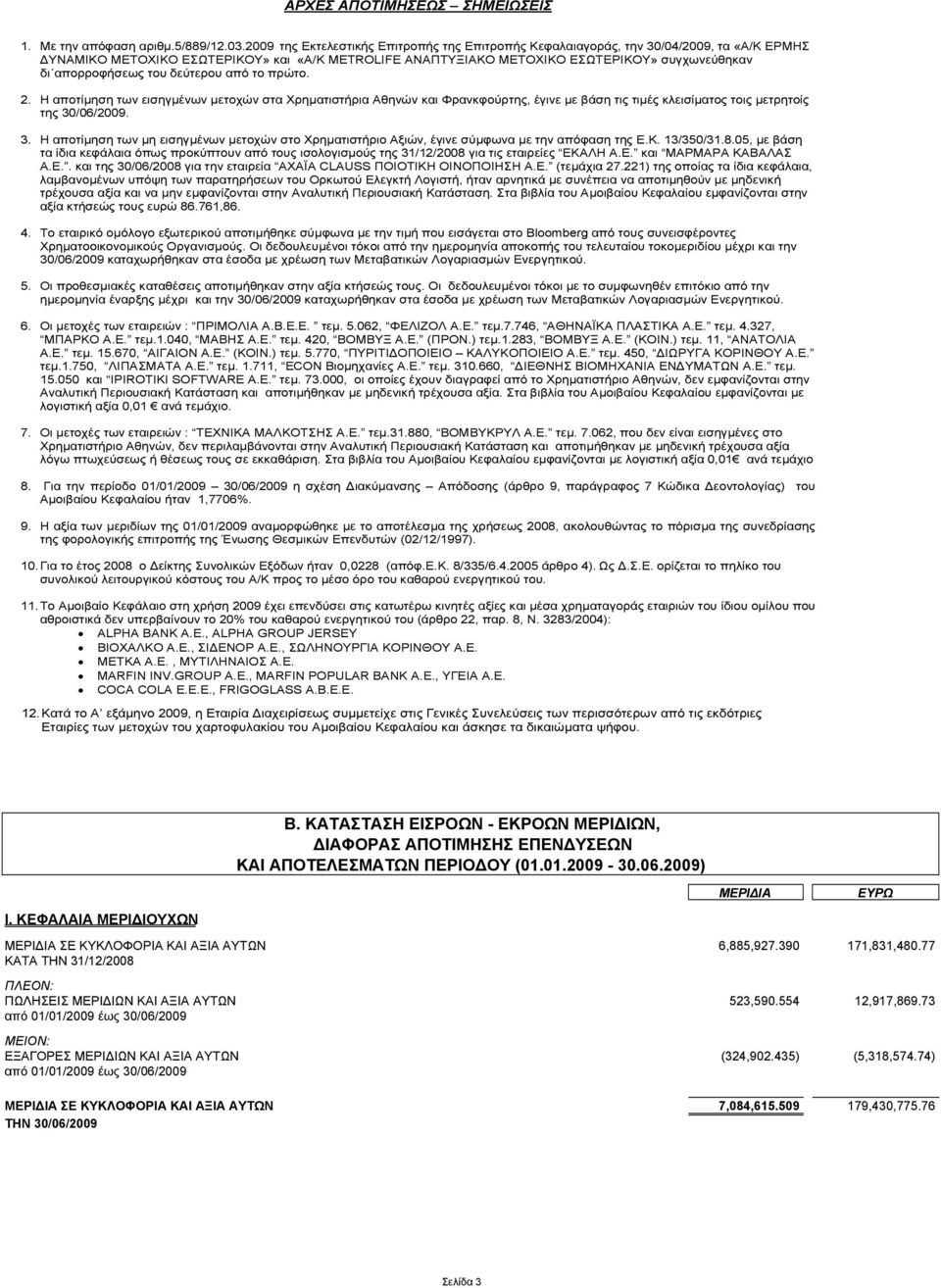 απορροφήσεως του δεύτερου από το πρώτο. 2. H αποτίμηση των εισηγμένων μετοχών στα Χρηματιστήρια Αθηνών και Φρανκφούρτης, έγινε με βάση τις τιμές κλεισίματος τοις μετρητοίς της 30