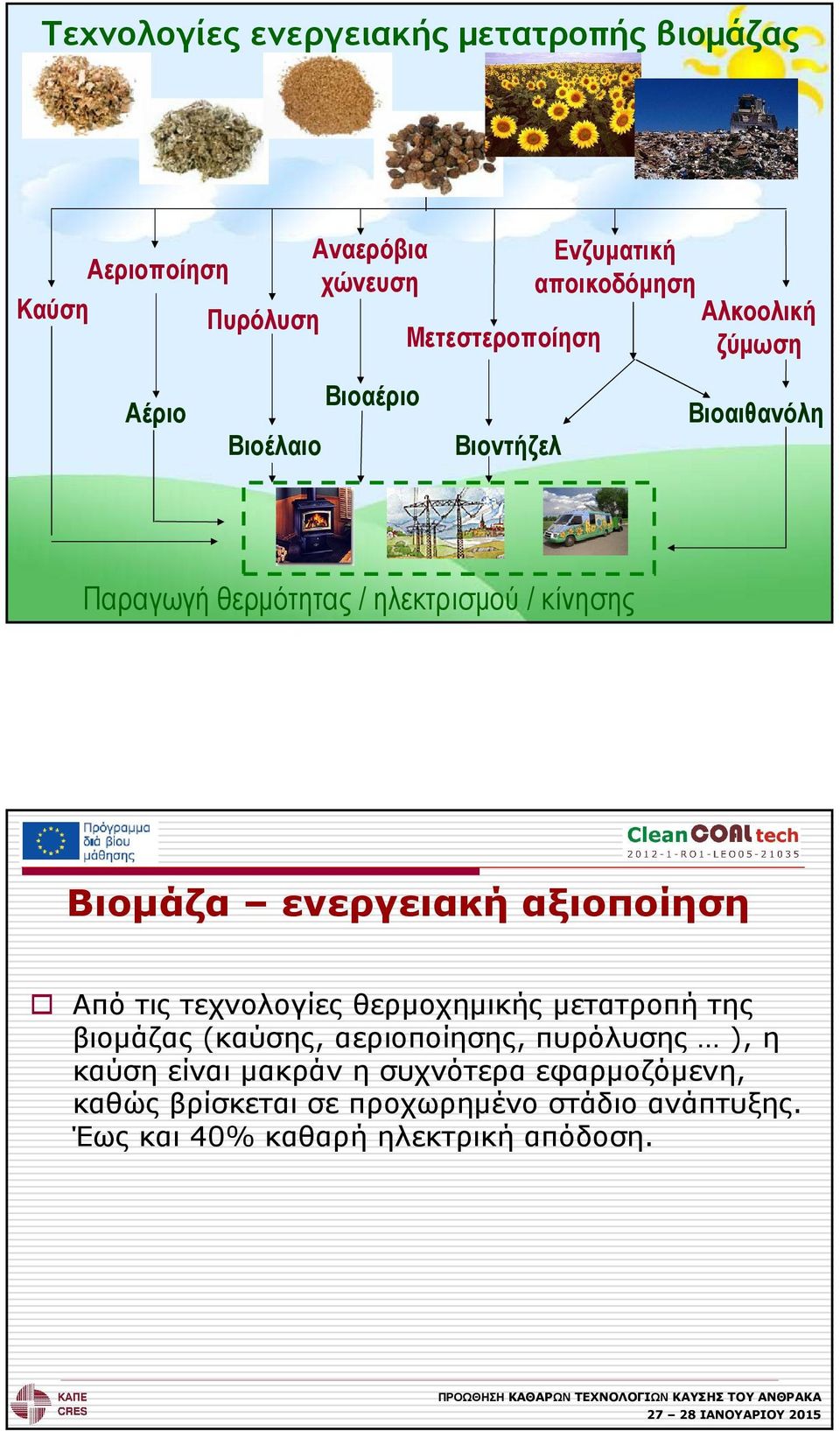 Βιοµάζα ενεργειακή αξιοποίηση Από τις τεχνολογίες θερµοχηµικής µετατροπή της βιοµάζας (καύσης, αεριοποίησης, πυρόλυσης ),