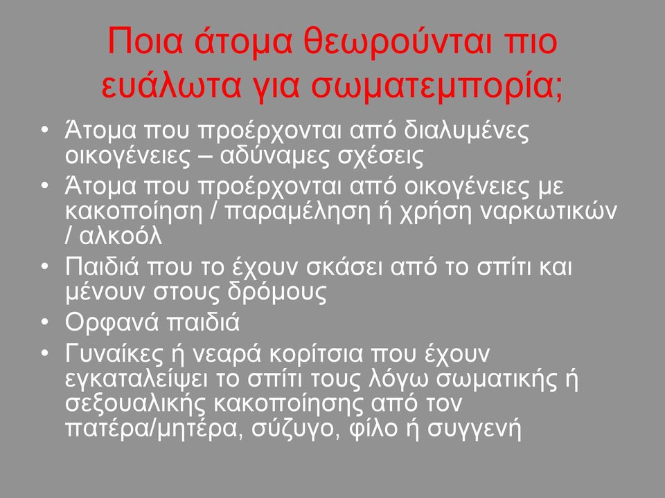 που το έχουν σκάσει από το σπίτι και μένουν στους δρόμους Ορφανά παιδιά Γυναίκες ή νεαρά κορίτσια που έχουν