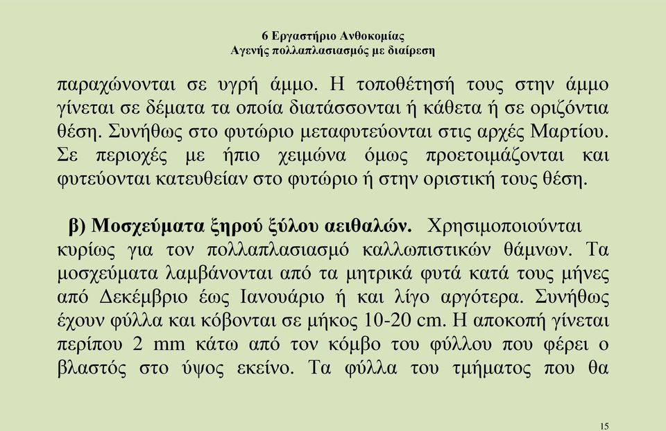 β) Μοσχεύματα ξηρού ξύλου αειθαλών. Χρησιμοποιούνται κυρίως για τον πολλαπλασιασμό καλλωπιστικών θάμνων.