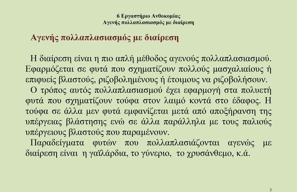 Ο τρόπος αυτός πολλαπλασιασμού έχει εφαρμογή στα πολυετή φυτά που σχηματίζουν τούφα στον λαιμό κοντά στο έδαφος.