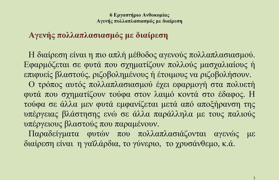 Ο τρόπος αυτός πολλαπλασιασμού έχει εφαρμογή στα πολυετή φυτά που σχηματίζουν τούφα στον λαιμό κοντά στο έδαφος.