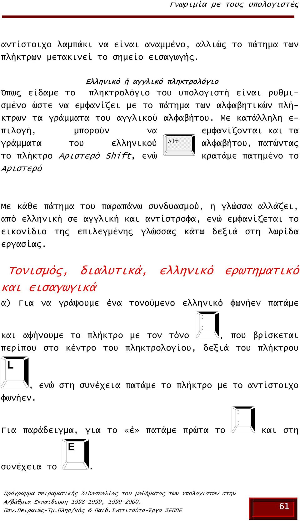 Με κατάλληλη ε- πιλογή, µπορούν να εµφανίζονται και τα γράµµατα του ελληνικού Alt αλφαβήτου, πατώντας το πλήκτρο Αριστερό Shift, ενώ κρατάµε πατηµένο το Αριστερό Με κάθε πάτηµα του παραπάνω