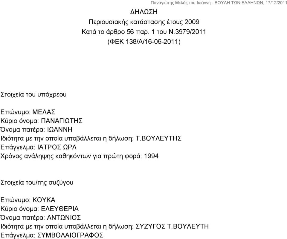 Ιδιότητα με την οποία υποβάλλεται η δήλωση: Τ.
