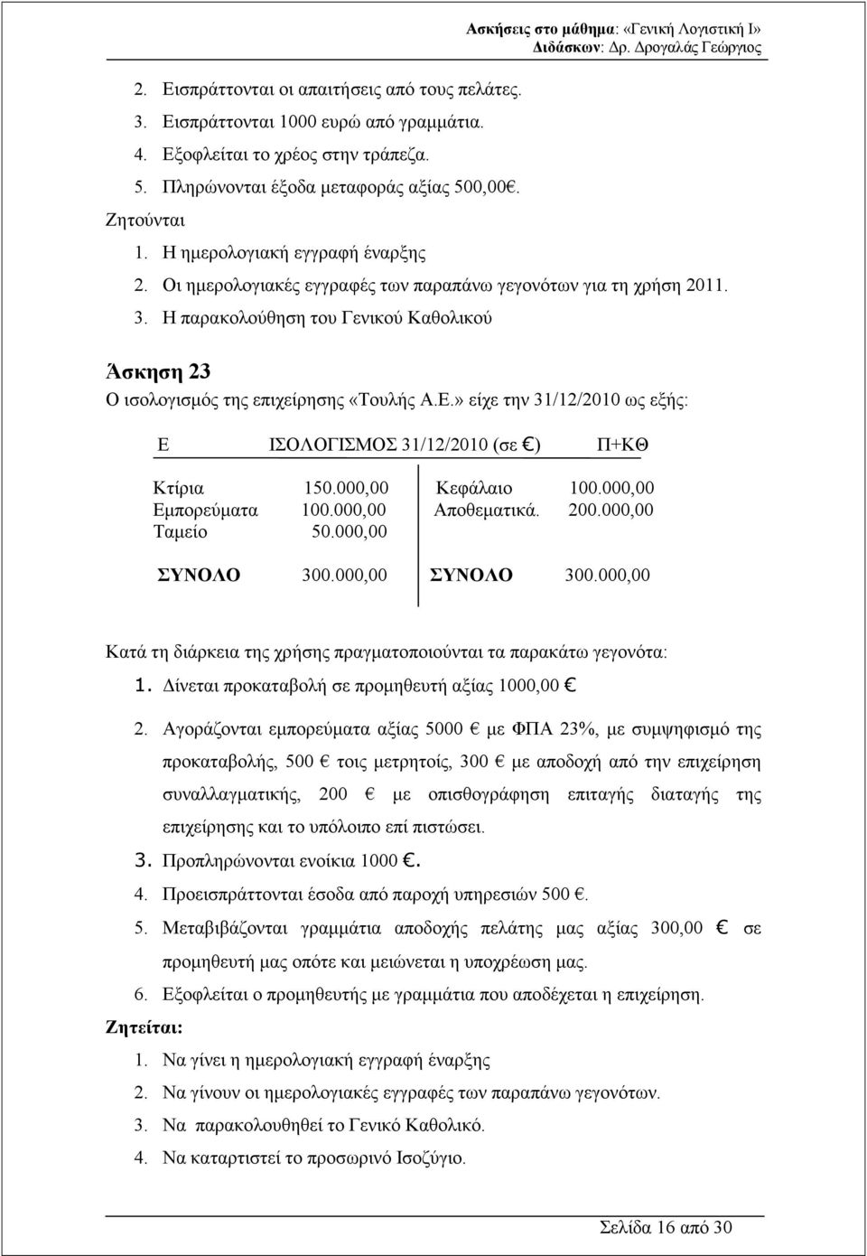 Η παρακολούθηση του Γενικού Καθολικού Άσκηση 23 Ο ισολογισµός της επιχείρησης «Τουλής Α.Ε.» είχε την 31/12/2010 ως εξής: Ε ΙΣΟΛΟΓΙΣΜΟΣ 31/12/2010 (σε ) Π+ΚΘ Κτίρια 150.000,00 Κεφάλαιο 100.