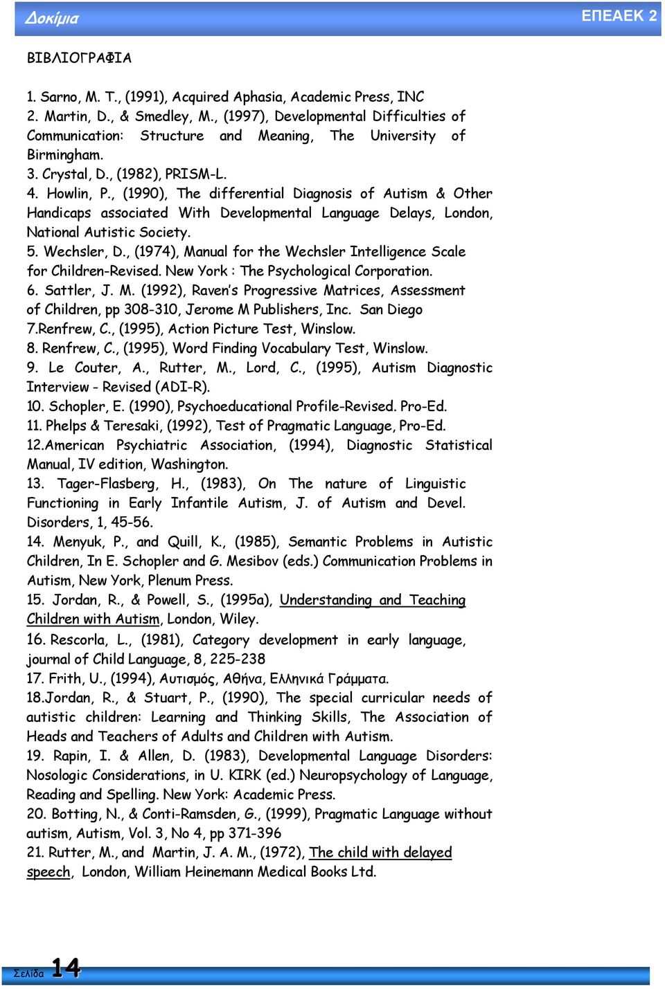 , (1990), The differential Diagnosis of Autism & Other Handicaps associated With Developmental Language Delays, London, National Autistic Society. 5. Wechsler, D.