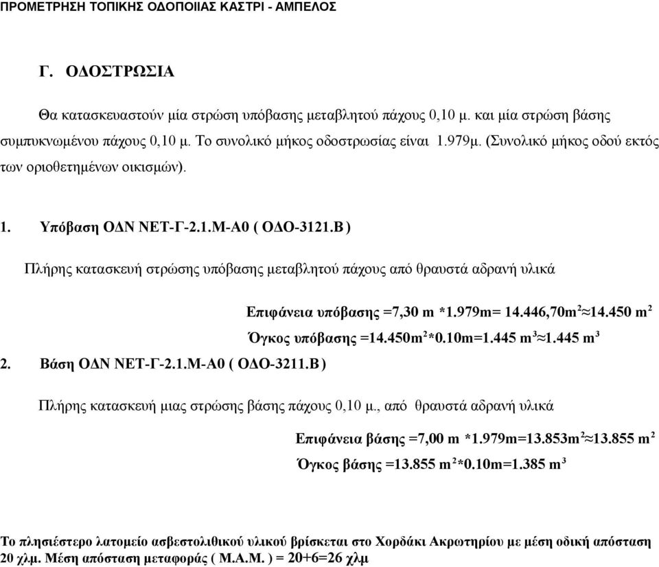 Β ) Πλήρης κατασκευή στρώσης υπόβασης μεταβλητού πάχους από θραυστά αδρανή υλικά Επιφάνεια υπόβασης =7,30 m *1.979m= 14.446,70m 2 14.450 m 2 Όγκος υπόβασης =14.450m 2 *0.10m=1.445 m 3 1.445 m 3 2.