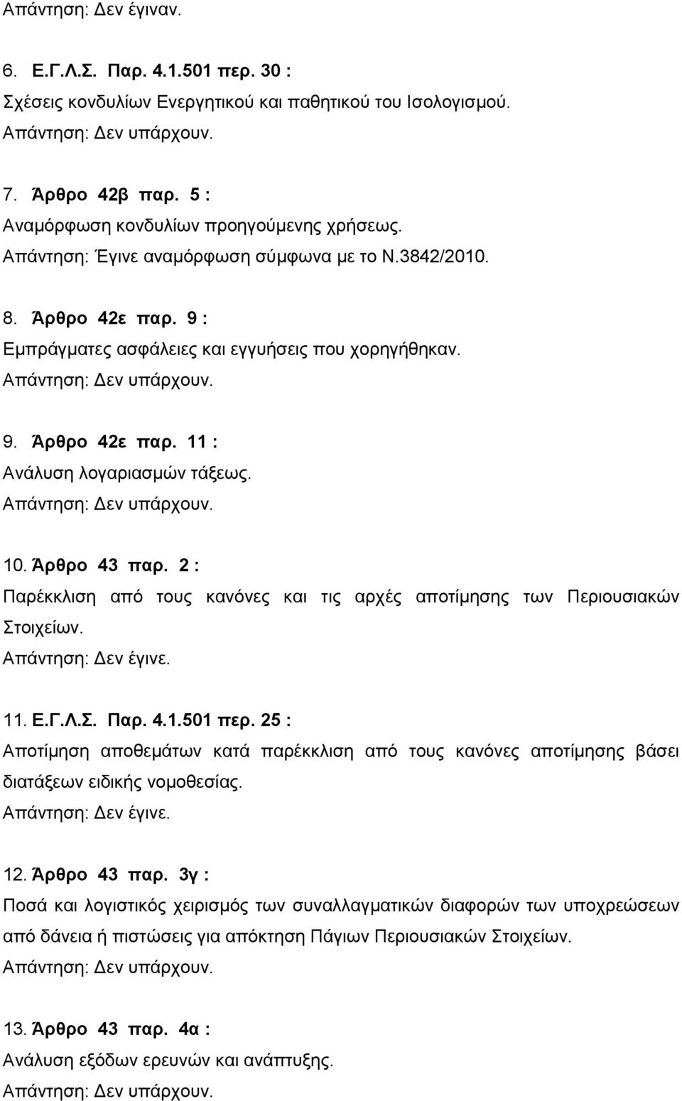 2 : Παρέκκλιση από τους κανόνες και τις αρχές αποτίμησης των Περιουσιακών Στοιχείων. Απάντηση: Δεν έγινε. 11. Ε.Γ.Λ.Σ. Παρ. 4.1.501 περ.