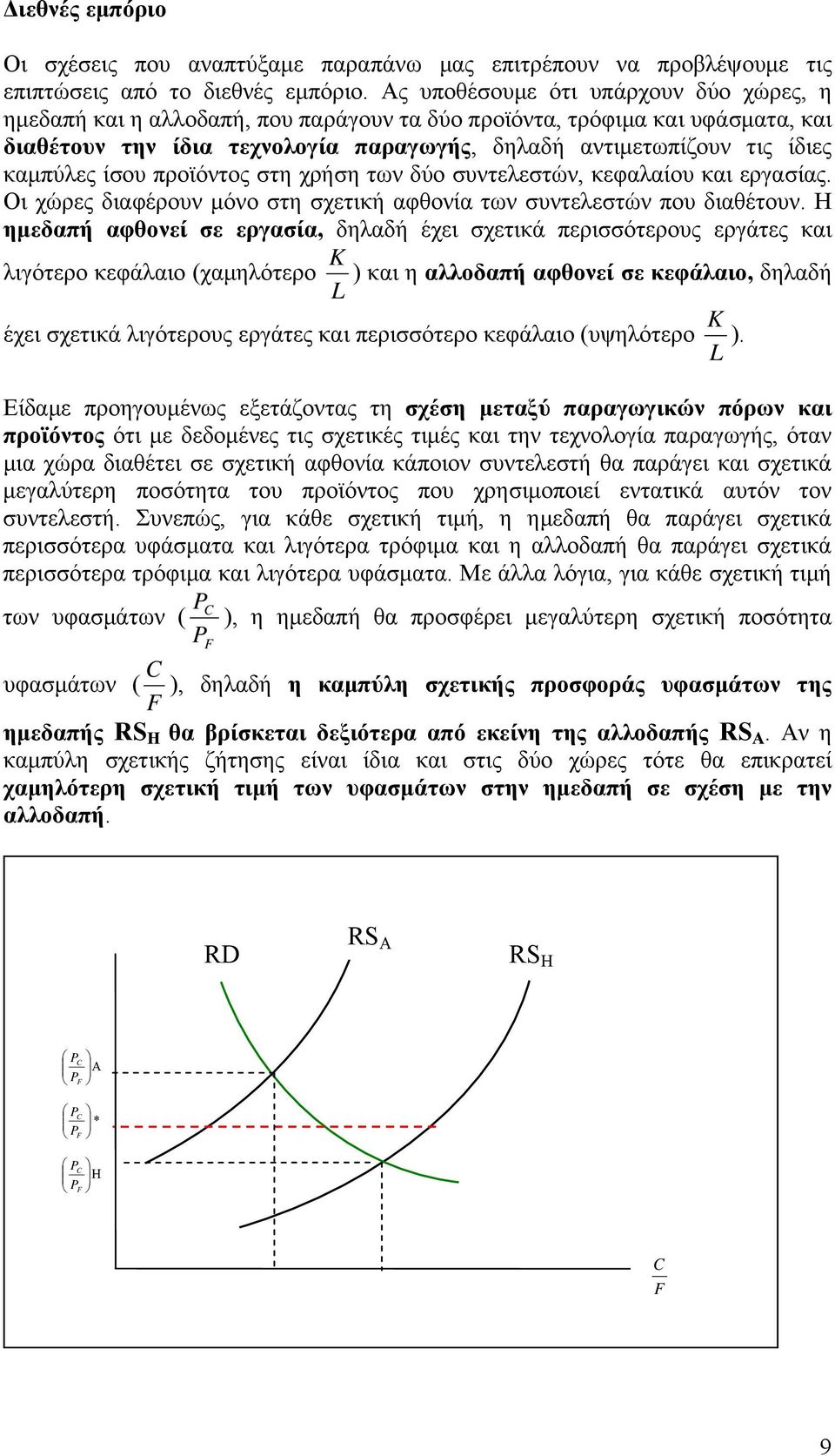 καμπύλες ίσου προϊόντος στη χρήση των δύο συντελεστών, κεφαλαίου και εργασίας. Οι χώρες διαφέρουν μόνο στη σχετική αφθονία των συντελεστών που διαθέτουν.