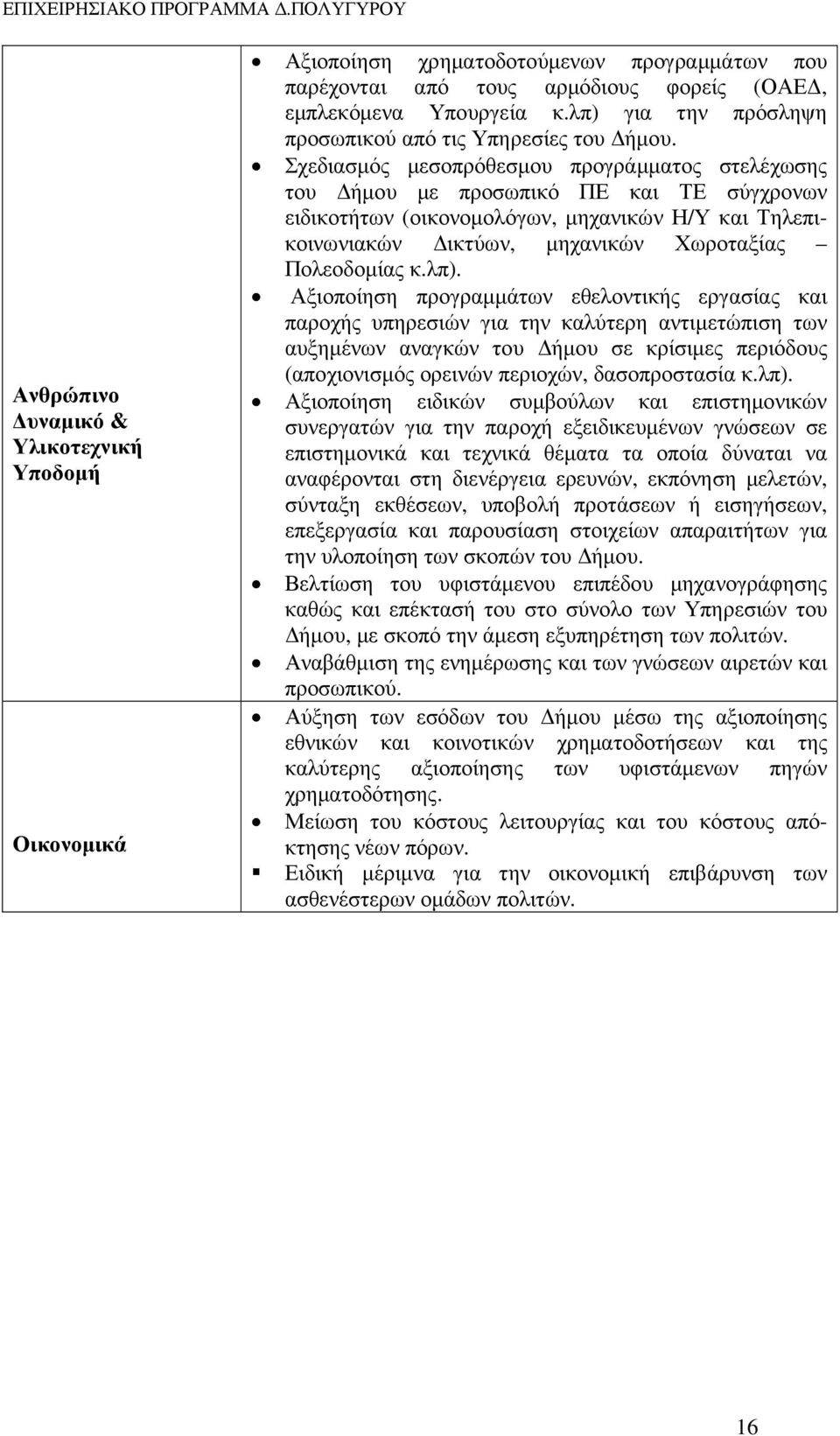 Σχεδιασµός µεσοπρόθεσµου προγράµµατος στελέχωσης του ήµου µε προσωπικό ΠΕ και ΤΕ σύγχρονων ειδικοτήτων (οικονοµολόγων, µηχανικών Η/Υ και Τηλεπικοινωνιακών ικτύων, µηχανικών Χωροταξίας Πολεοδοµίας κ.