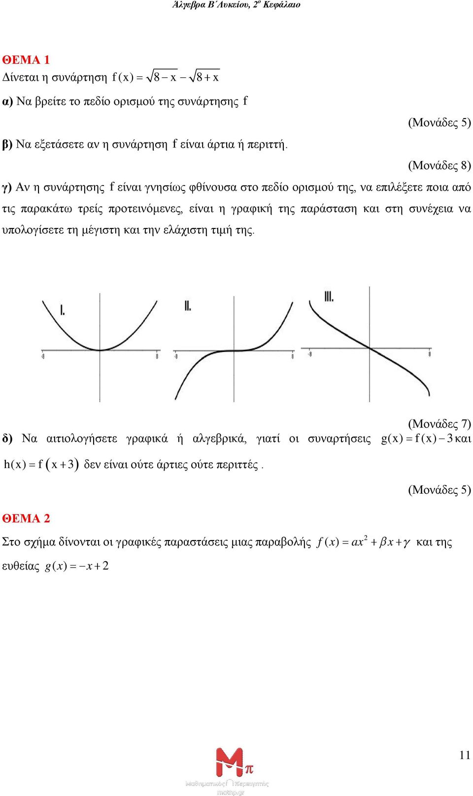 (Μονάδες 5) (Μονάδες 8) γ) Αν η συνάρτησης f είναι γνησίως φθίνουσα στο πεδίο ορισμού της, να επιλέξετε ποια από τις παρακάτω τρείς προτεινόμενες, είναι η γραφική της