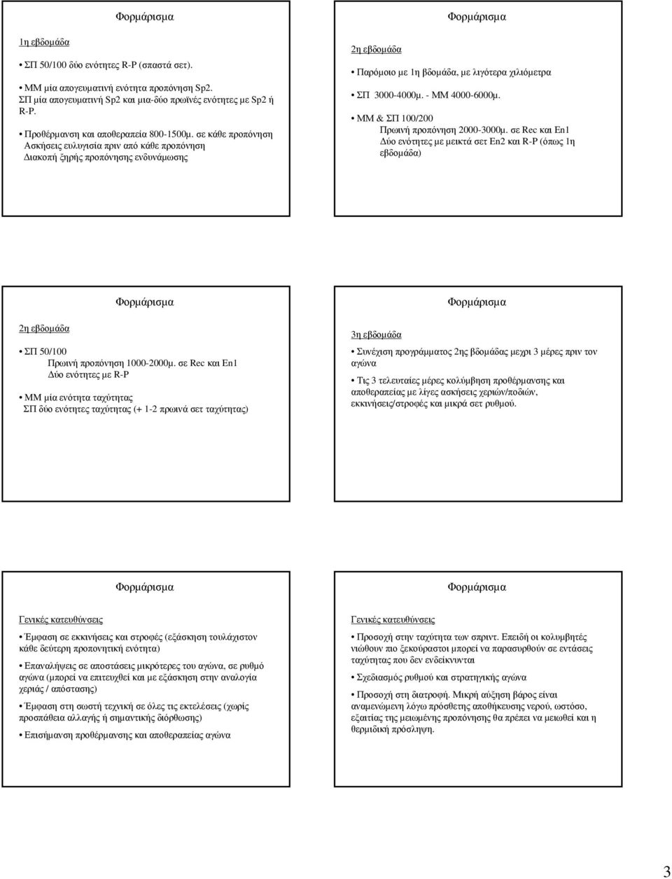 ΜΜ & ΣΠ 100/200 Πρωινή προπόνηση 2000-3000µ. σε Rec και En1 ύο ενότητες µε µεικτά σετ En2 και R-P (όπως 1η εβδοµάδα) 2ηεβδοµάδα ΣΠ 50/100 Πρωινή προπόνηση 1000-2000µ.