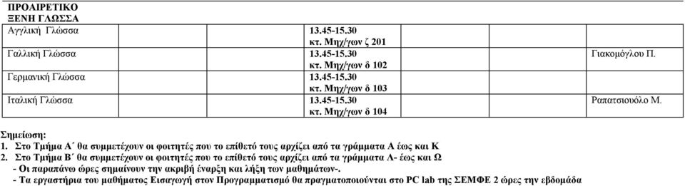 Στο Τμήμα Α θα συμμετέχουν οι φοιτητές που το επίθετό τους αρχίζει από τα γράμματα Α έως και Κ 2.