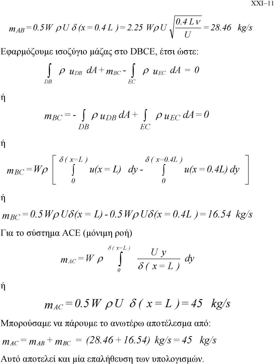 5W Uδ(x L) - 0.5W Uδ(x 0.4L ) 6.54 /s Για το σύστηµα CE (µόνιµη οή) m C W δ ( xl ) 0 U y δ ( x L ) dy ή mc 0.