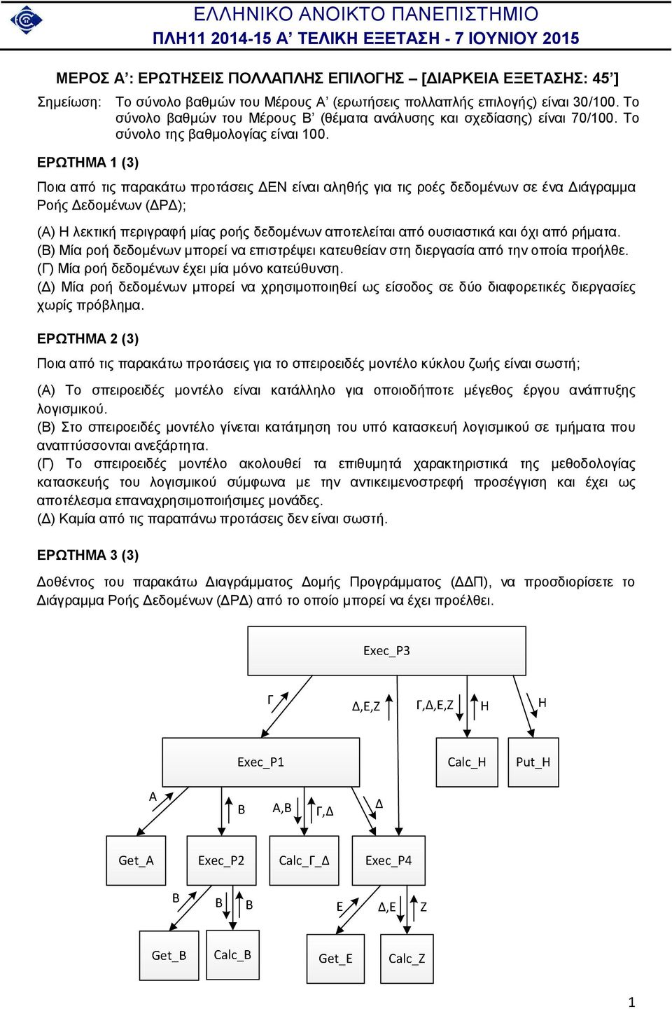 ΕΡΩΤΗΜΑ 1 (3) Ποια από τις παρακάτω προτάσεις ΔΕΝ είναι αληθής για τις ροές δεδομένων σε ένα Διάγραμμα Ροής Δεδομένων (ΔΡΔ); (Α) Η λεκτική περιγραφή μίας ροής δεδομένων αποτελείται από ουσιαστικά και