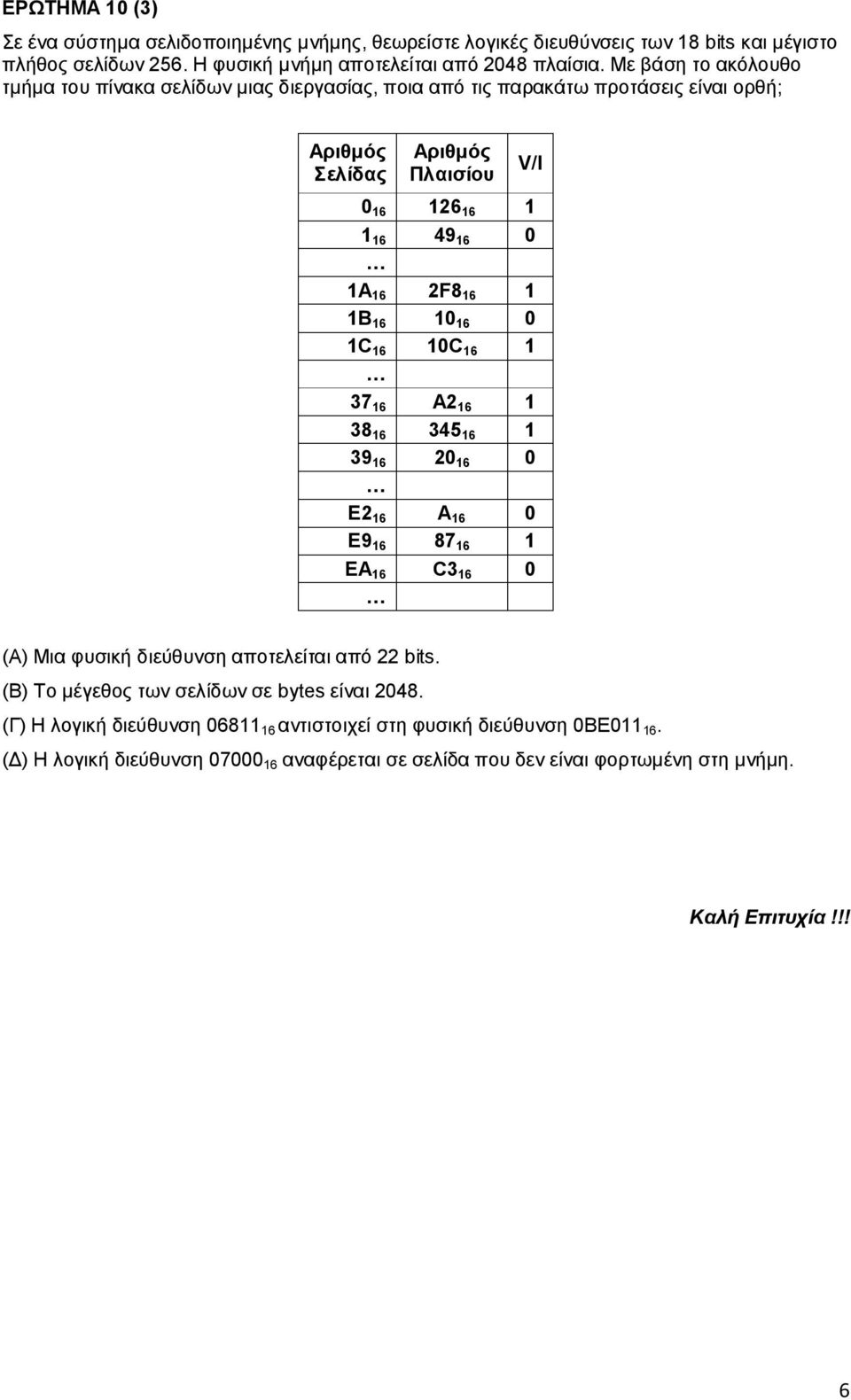 1B 16 10 16 0 1C 16 10C 16 1 37 16 A2 16 1 38 16 345 16 1 39 16 20 16 0 E2 16 A 16 0 E9 16 87 16 1 EA 16 C3 16 0 (A) Μια φυσική διεύθυνση αποτελείται από 22 bits.