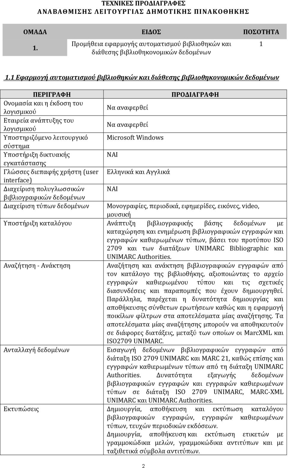 Υποστήριξη δικτυακής εγκατάστασης Γλώσσες διεπαφής χρήστη (user interface) Διαχείριση πολυγλωσσικών βιβλιογραφικών δεδομένων Διαχείριση τύπων δεδομένων Υποστήριξη καταλόγου Αναζήτηση - Ανάκτηση