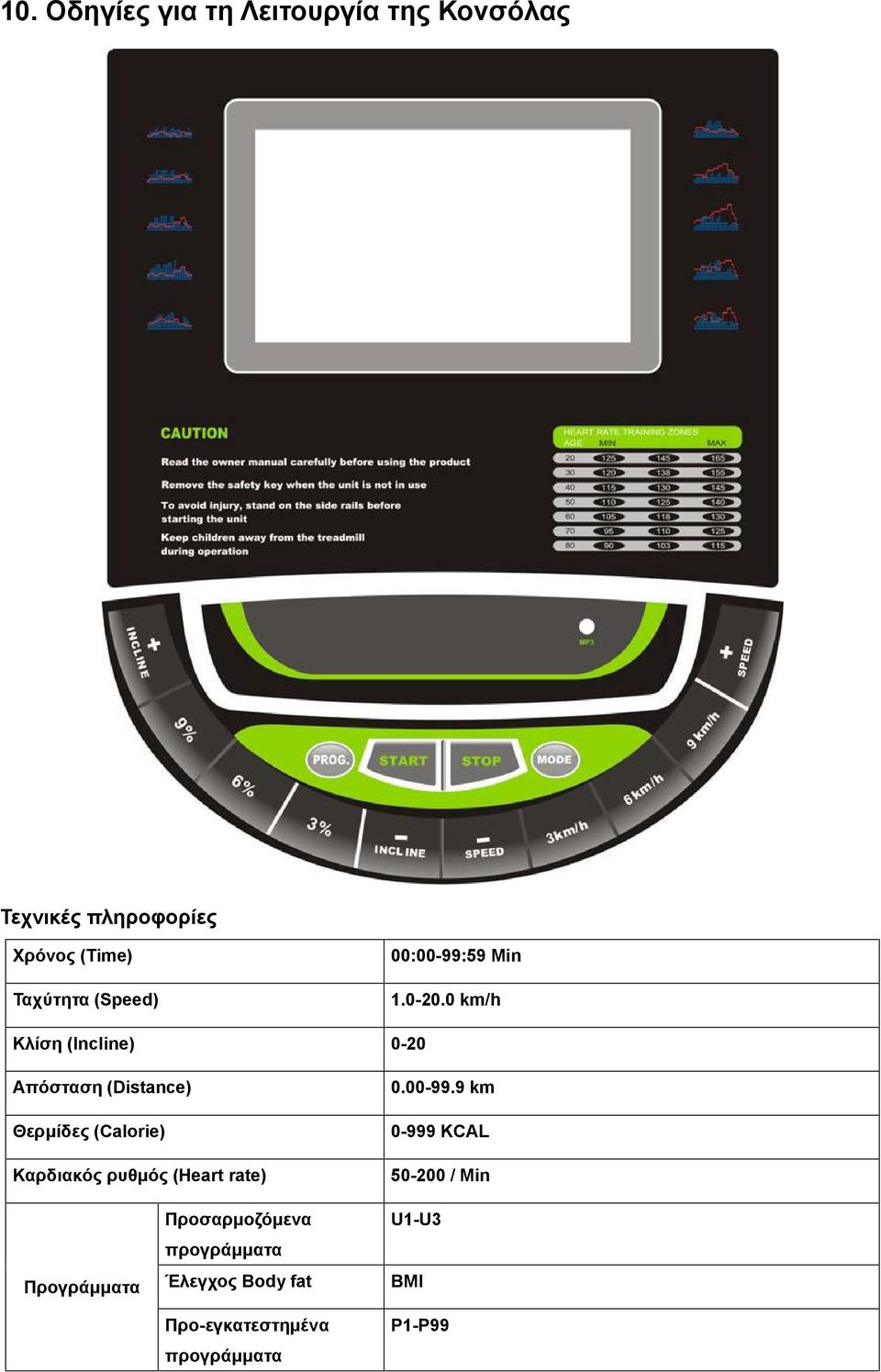 0 km/h Κλίση (Incline) 0-20 Απόσταση (Distance) Θερμίδες (Calorie) Καρδιακός ρυθμός