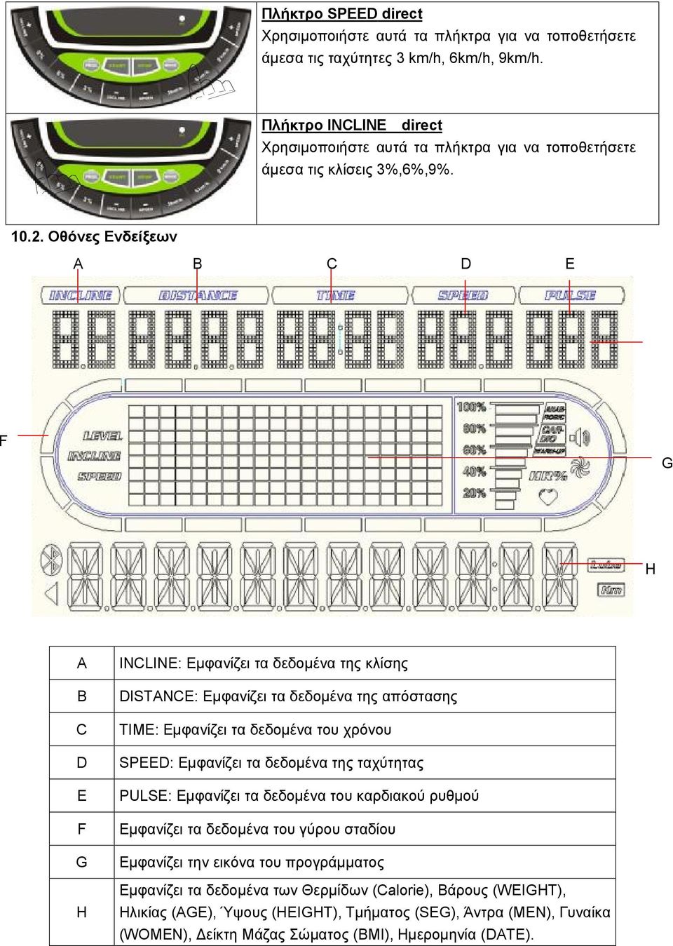 Οθόνες Ενδείξεων A B C D E F G H A B C D E F G H INCLINE: Εμφανίζει τα δεδομένα της κλίσης DISTANCE: Εμφανίζει τα δεδομένα της απόστασης TIME: Εμφανίζει τα δεδομένα του χρόνου SPEED: