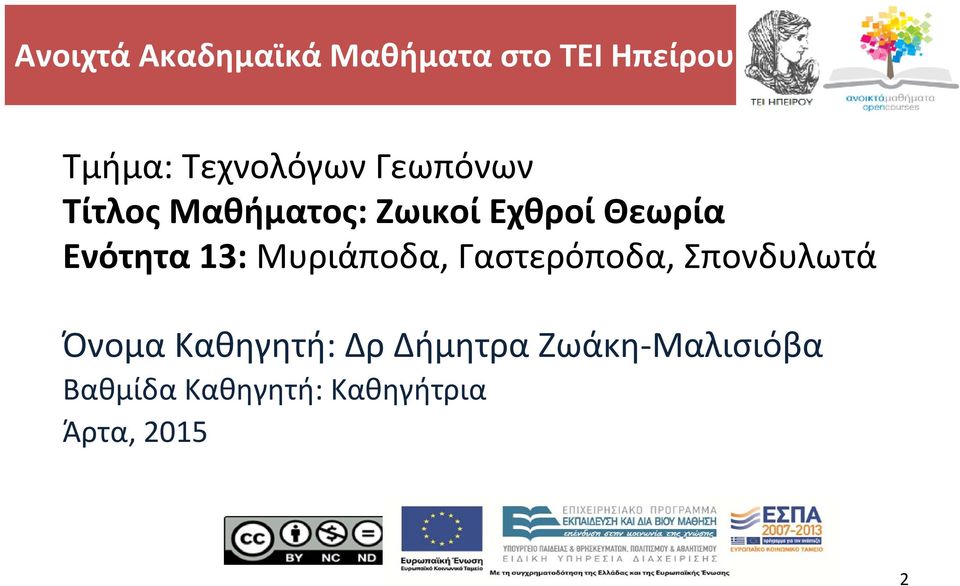 13: Μυριάποδα, Γαστερόποδα, Σπονδυλωτά Όνομα Καθηγητή: Δρ