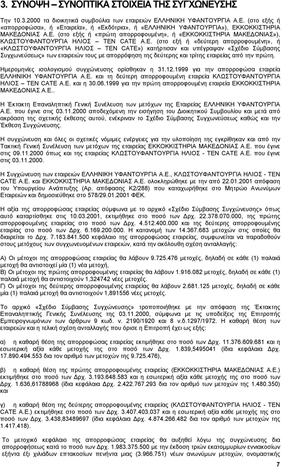 υπέγραψαν «Σχέδιο Σύµβασης Συγχωνεύσεως» των εταιρειών τους µε απορρόφηση της δεύτερης και τρίτης εταιρείας από την πρώτη. Ηµεροµηνίες ισολογισµού συγχώνευσης ορίσθηκαν η 31.12.
