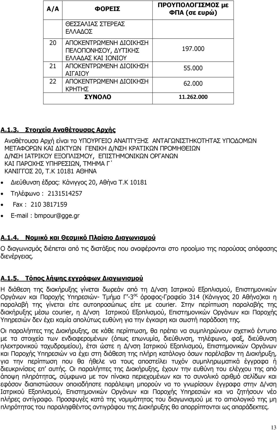 Στοιχεία Αναθέτουσας Αρχής Αναθέτουσα Αρχή είναι το ΥΠΟΥΡΓΕΙΟ ΑΝΑΠΤΥΞΗΣ ΑΝΤΑΓΩΝΙΣΤΗΚΟΤΗΤΑΣ ΥΠΟ ΟΜΩΝ ΜΕΤΑΦΟΡΩΝ ΚΑΙ ΙΚΤΥΩΝ ΓΕΝΙΚΗ /ΝΣΗ ΚΡΑΤΙΚΩΝ ΠΡΟΜΗΘΕΙΩΝ /ΝΣΗ ΙΑΤΡΙΚΟΥ ΕΞΟΠΛΙΣΜΟΥ, ΕΠΙΣΤΗΜΟΝΙΚΩΝ